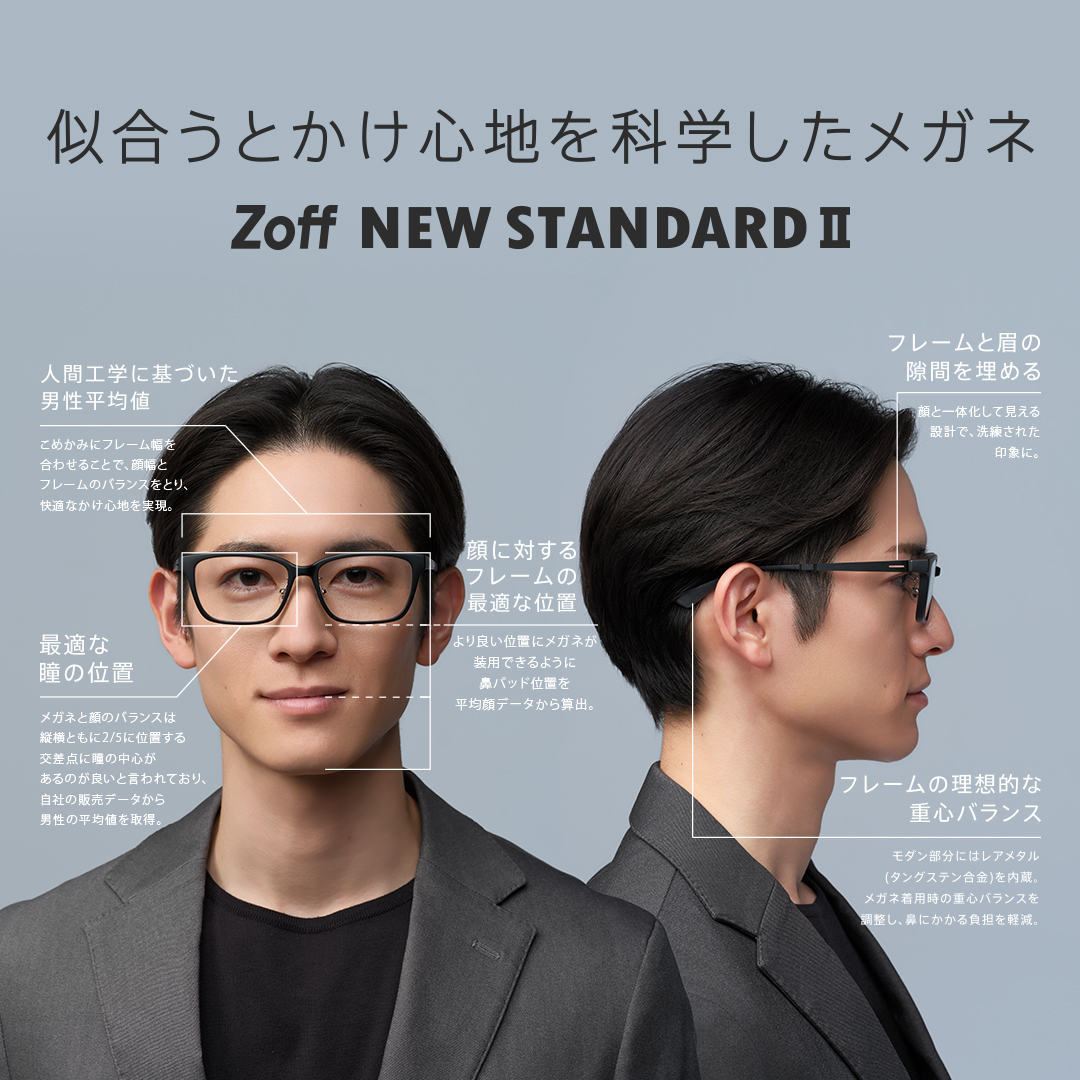 如果您不確定，就是這樣！一個新的標準。隆重介紹「Zoff NEW STANDARD Ⅱ」眼鏡，它經過科學設計，適合您，佩戴舒適。